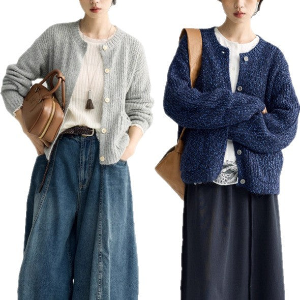 Leaves Selected Alpaca Wool Texture Knit Cardigan with Round Neck