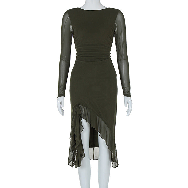 Mesh long sleeved slim fit slit ruffle edge dress