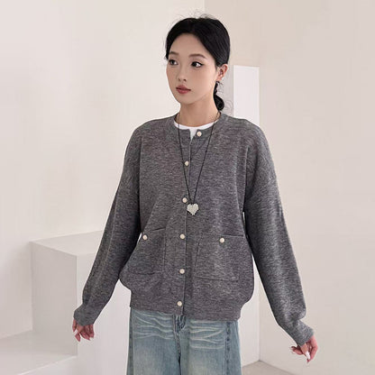 Chic Loose Knit Cardigan for Women Solid Color with Pearl Buttons Casual Fashion Sweater Top