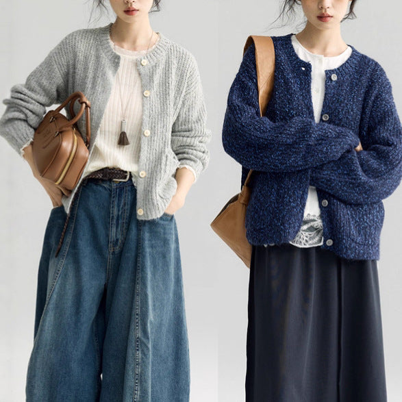 Leaves Selected Alpaca Wool Texture Knit Cardigan with Round Neck