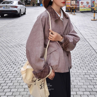 Style Plaid Contrast Collar Autumn Workwear Jacket Short Coat