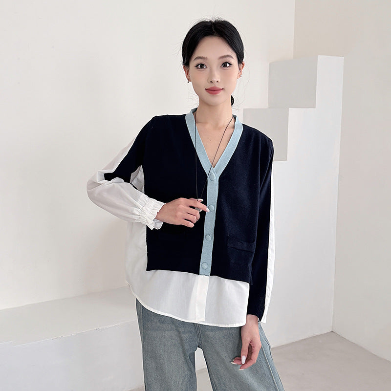 Chic Knit Cardigan for Women, Loose Fit, Color-blocked Patchwork False Two-piece Design Casual Top