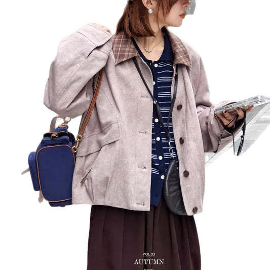 Style Plaid Contrast Collar Autumn Workwear Jacket Short Coat