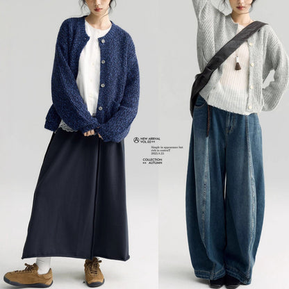 Leaves Selected Alpaca Wool Texture Knit Cardigan with Round Neck