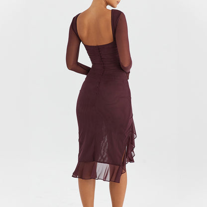 Mesh long sleeved slim fit slit ruffle edge dress