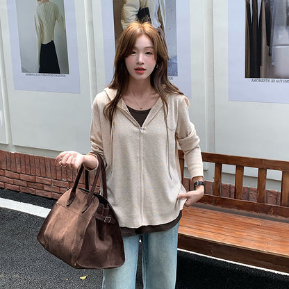 Casual Oversized Hooded Knit Sweater for Women with Patchwork Mock Two-Piece Long Sleeve Design Loose FitAll-Match Top