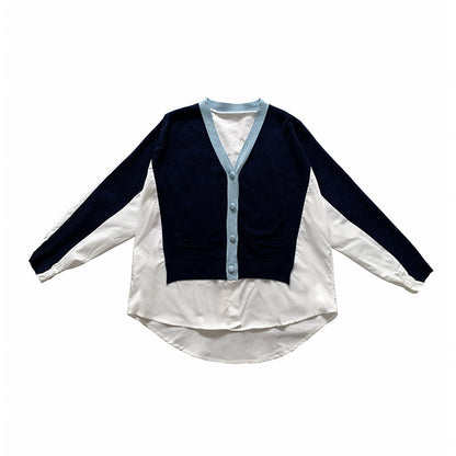 Chic Knit Cardigan for Women, Loose Fit, Color-blocked Patchwork False Two-piece Design Casual Top