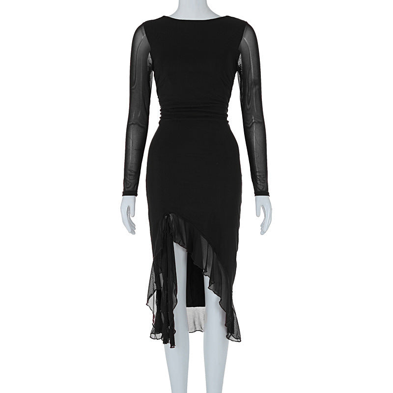 Mesh long sleeved slim fit slit ruffle edge dress