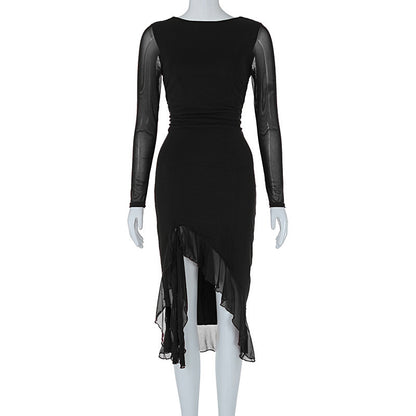 Mesh long sleeved slim fit slit ruffle edge dress