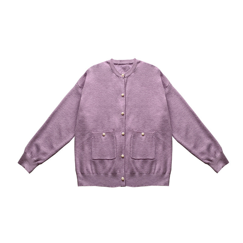 Chic Loose Knit Cardigan for Women Solid Color with Pearl Buttons Casual Fashion Sweater Top