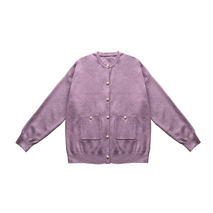 Chic Loose Knit Cardigan for Women Solid Color with Pearl Buttons Casual Fashion Sweater Top