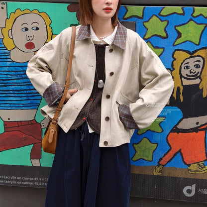 Style Plaid Contrast Collar Autumn Workwear Jacket Short Coat