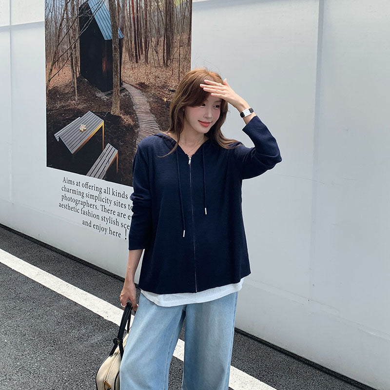 Casual Oversized Hooded Knit Sweater for Women with Patchwork Mock Two-Piece Long Sleeve Design Loose FitAll-Match Top