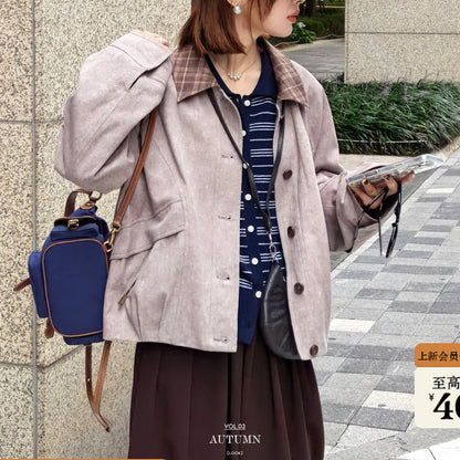 Style Plaid Contrast Collar Autumn Workwear Jacket Short Coat