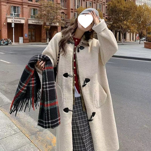 Academic Style Thickened Long Sleeve Faux Two-Piece Design Long Coat with Toggle Buttons and Shearling Outerwear for Women