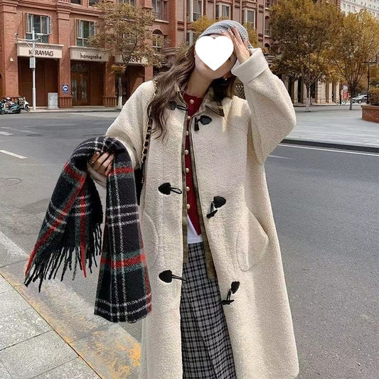 Academic Style Thickened Long Sleeve Faux Two-Piece Design Long Coat with Toggle Buttons and Shearling Outerwear for Women