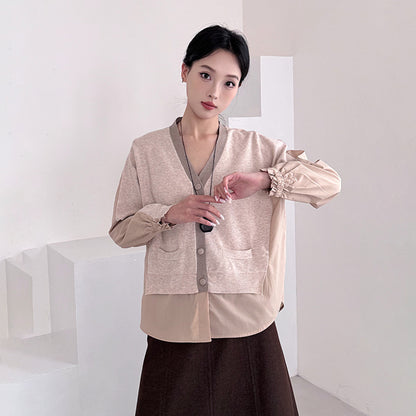 Chic Knit Cardigan for Women, Loose Fit, Color-blocked Patchwork False Two-piece Design Casual Top