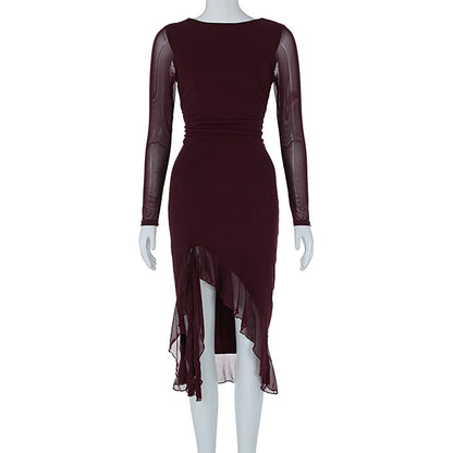 Mesh long sleeved slim fit slit ruffle edge dress
