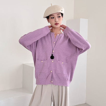 Chic Loose Knit Cardigan for Women Solid Color with Pearl Buttons Casual Fashion Sweater Top