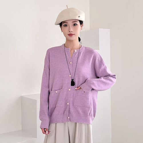 Chic Loose Knit Cardigan for Women Solid Color with Pearl Buttons Casual Fashion Sweater Top