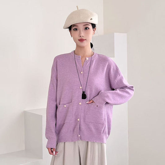 Chic Loose Knit Cardigan for Women Solid Color with Pearl Buttons Casual Fashion Sweater Top