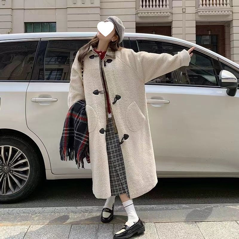Academic Style Thickened Long Sleeve Faux Two-Piece Design Long Coat with Toggle Buttons and Shearling Outerwear for Women