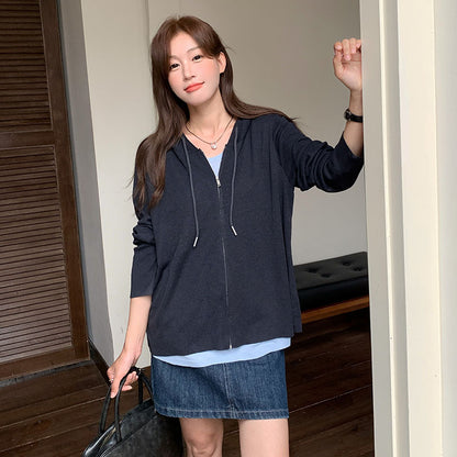 Casual Oversized Hooded Knit Sweater for Women with Patchwork Mock Two-Piece Long Sleeve Design Loose FitAll-Match Top