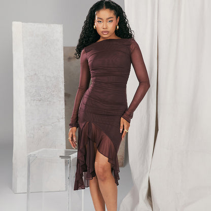 Mesh long sleeved slim fit slit ruffle edge dress