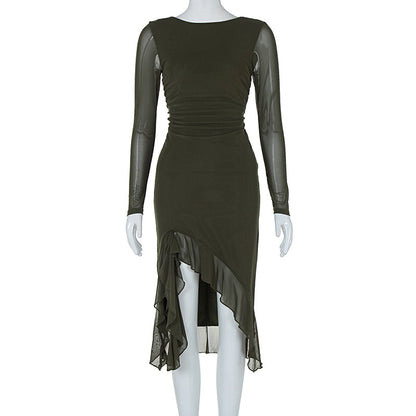 Mesh long sleeved slim fit slit ruffle edge dress