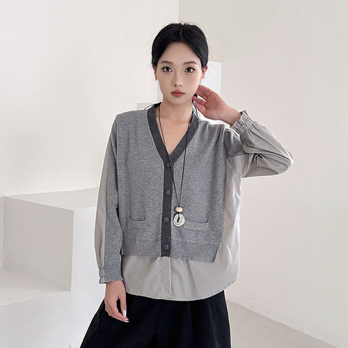 Chic Knit Cardigan for Women, Loose Fit, Color-blocked Patchwork False Two-piece Design Casual Top