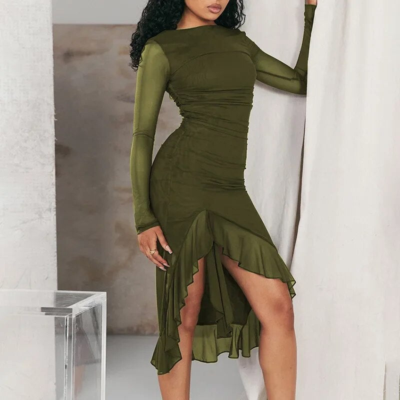 Mesh long sleeved slim fit slit ruffle edge dress