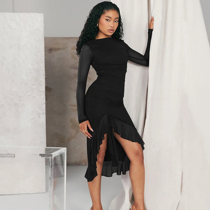 Mesh long sleeved slim fit slit ruffle edge dress