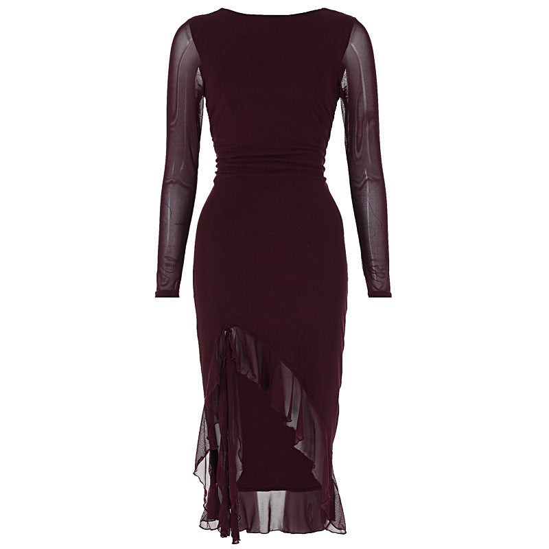 Mesh long sleeved slim fit slit ruffle edge dress