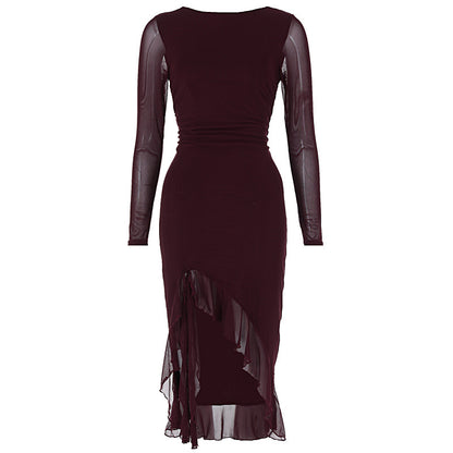 Mesh long sleeved slim fit slit ruffle edge dress