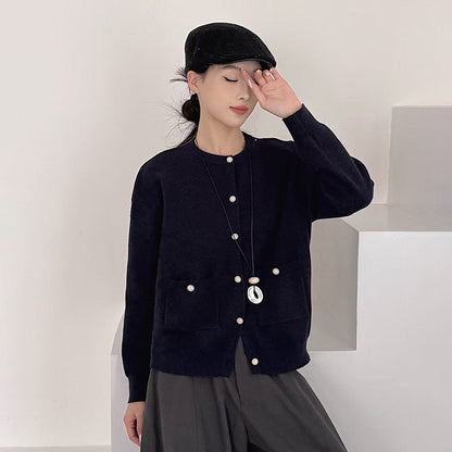 Chic Loose Knit Cardigan for Women Solid Color with Pearl Buttons Casual Fashion Sweater Top