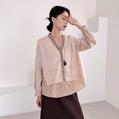 Chic Knit Cardigan for Women, Loose Fit, Color-blocked Patchwork False Two-piece Design Casual Top