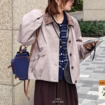 Style Plaid Contrast Collar Autumn Workwear Jacket Short Coat