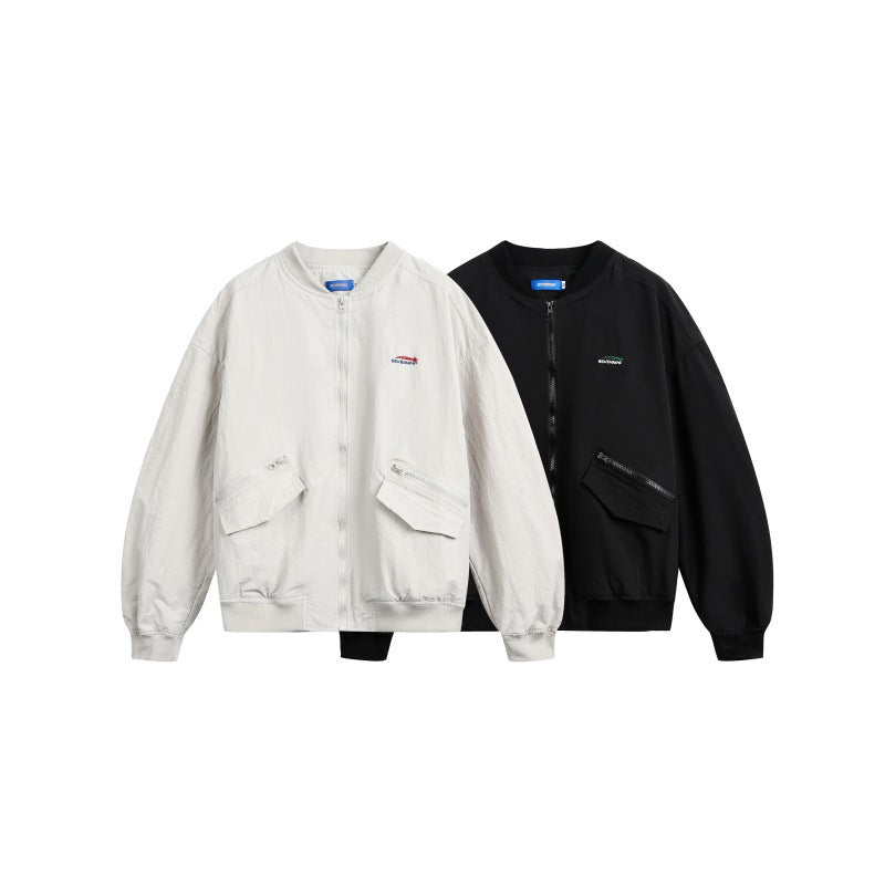 Embroidered Zipper Pocket Loose Casual Flight Jacket