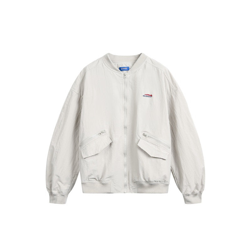Embroidered Zipper Pocket Loose Casual Flight Jacket