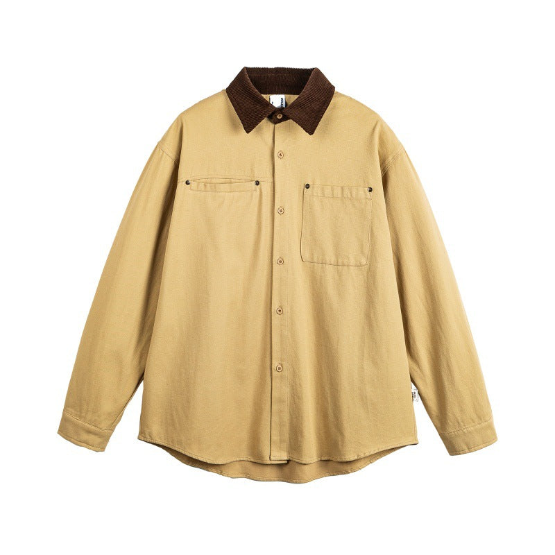 Color-Blocked Collar Multi-Pocket Loose Workwear Shir