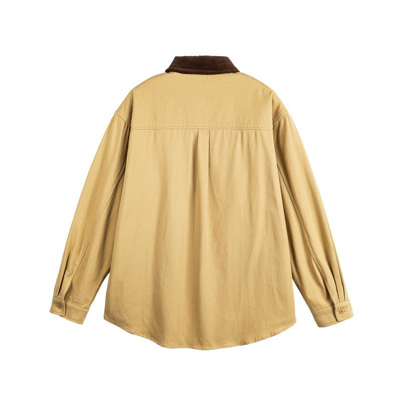 Color-Blocked Collar Multi-Pocket Loose Workwear Shir