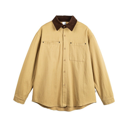 Color-Blocked Collar Multi-Pocket Loose Workwear Shir